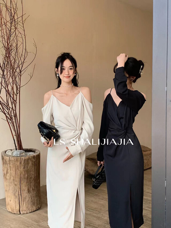 【LS】French elegant slim off-shoulder dress 8552-1# JHY