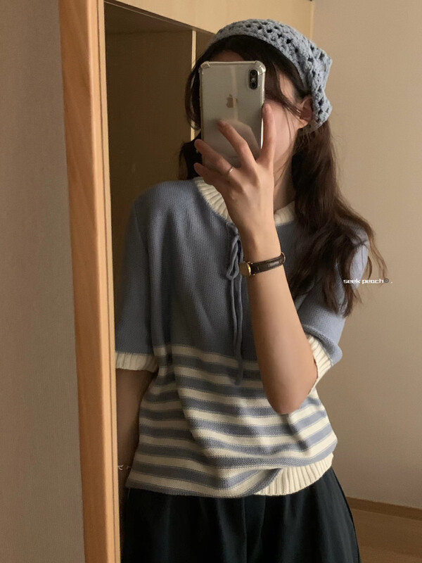 【SEEK PEACH】Korean Contrast Stripe Short Sleeve Knit Sweater 11818# L