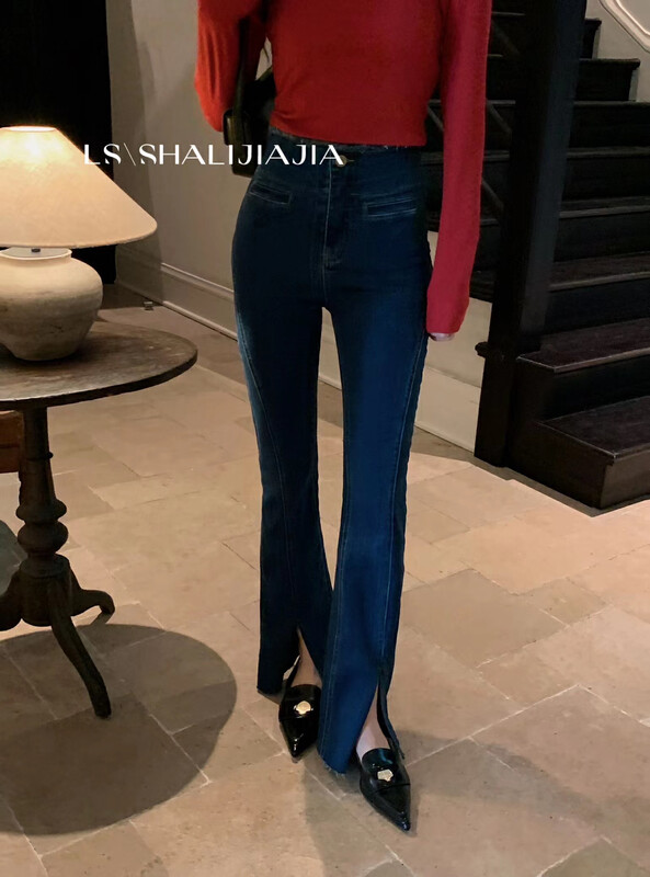 【LS】Korean high-waisted flared slit jeans s1052