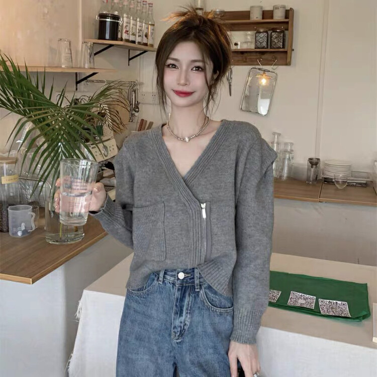 【F·P】 High-end design V-neck cross side zipper long-sleeved sweater 25056# HBX