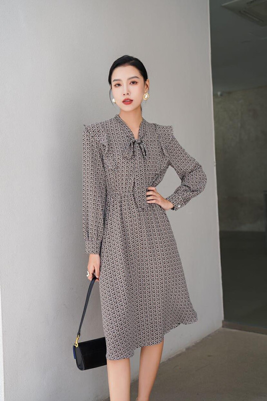 Autumn is new! [Fan] Chiffon has soft lining V-neck bow dress F7656# JHY