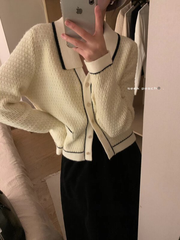 New in autumn!【SEEK PEACH】Single-breasted color-blocking comfortable and versatile knitted cardigan 11831# L
