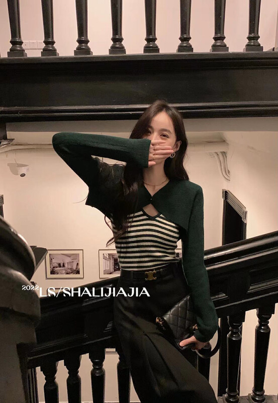 【LS】Sweet and spicy blouse striped two-piece knitted sweater 6296