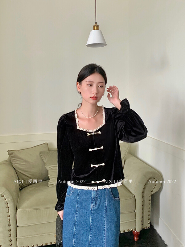 [AIXILI Aixili] Square collar with lace single-breasted velvet small shirt small shirt solid color 7059