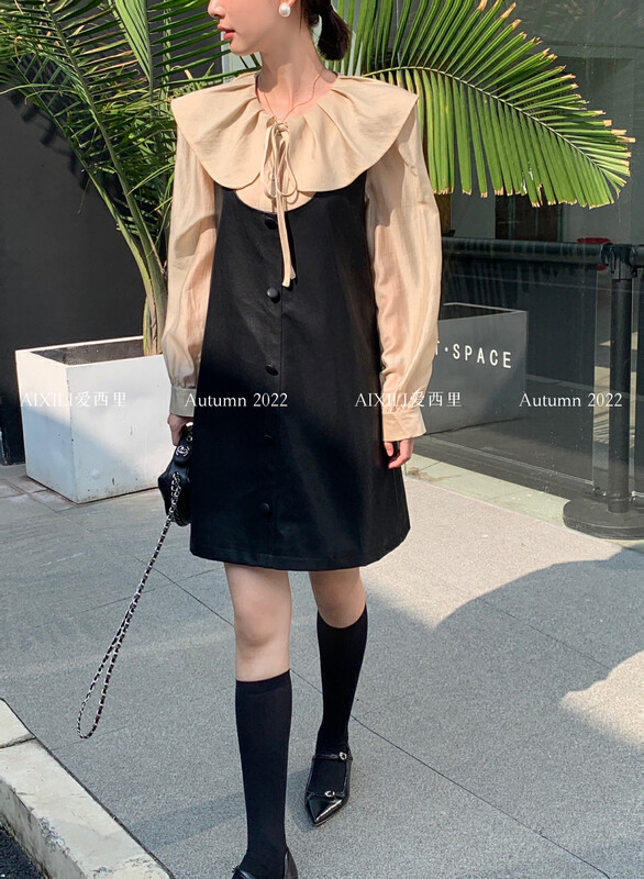 [AIXILI Aisili] Lotus leaf tie with single-breasted leather skirt suit (with suspender skirt) solid color 7327