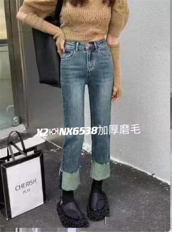 New in winter! [X2 square] high waist slimming plus velvet comfortable jeans 6358# L