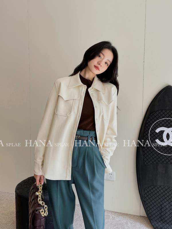 [HANNA Hanna] Simple PU temperament shirt solid color one hundred matching belt shirt (with belt) H10571