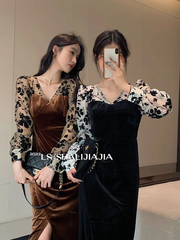 【LS】French stitching floral velvet dress 8572# JHY
