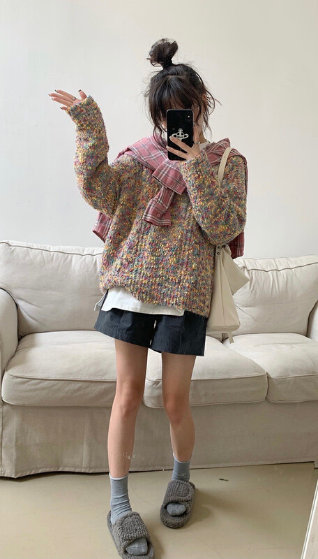 New for winter!  【MEET RAINBOW】Color Dot Round Neck Loose Warm Sweater 0229# LSL