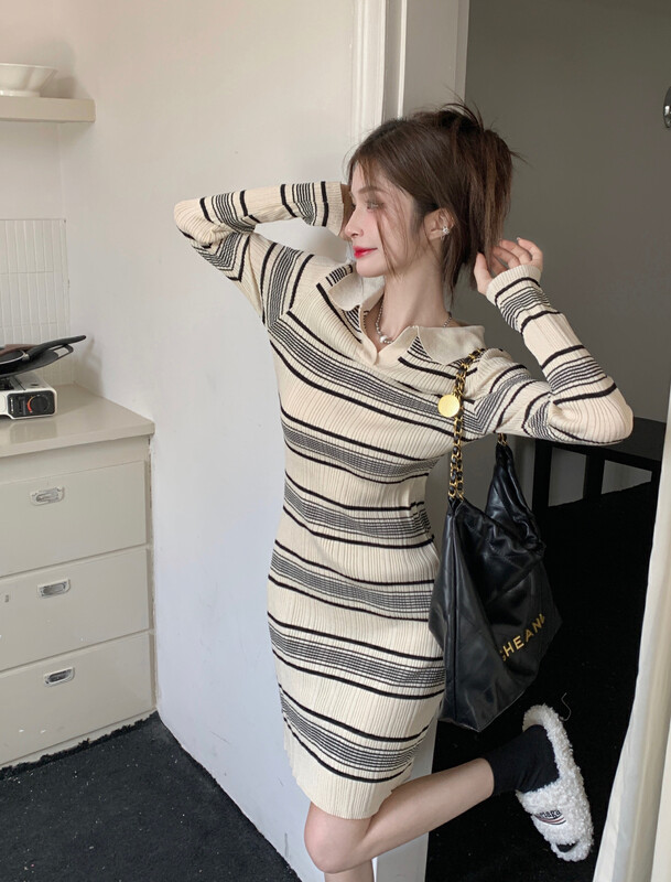 New in winter! [F·P] Elegant Polo Neck Striped Slim Dress 39131# HBX