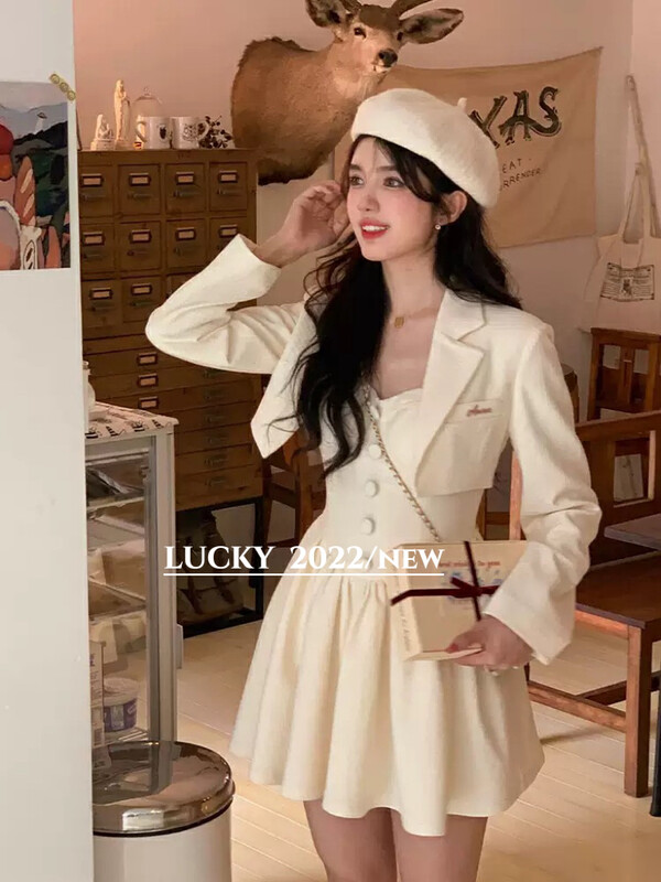 【LUCKY】Temperament Simple Short Jacket + Sling Dress Suit 9579# ZXX