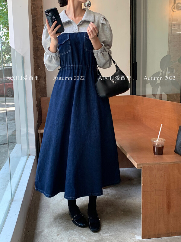 [AIXILI Aixili] Shirt Collar Thin Drawstring Design Dress Simple 7378