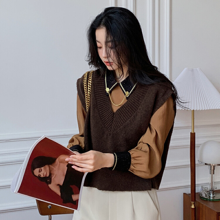 [HANNA Hanna] Sweater wear casual V-neck loose sweater vest women's knitted sweater 6311