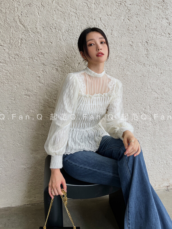 New for winter!  [Qi Fan] Suede stand-up collar organza stitching lace heavy-duty shirt 80359# JHY