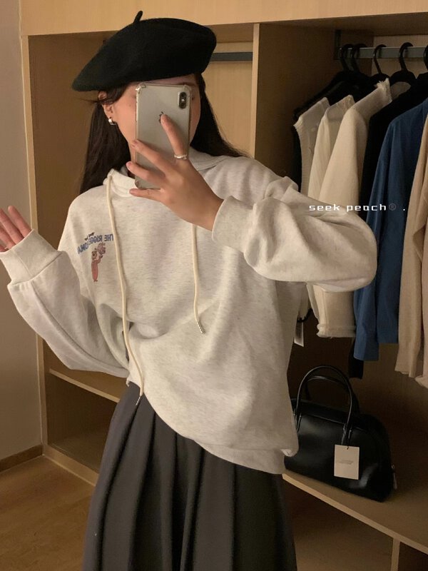 New in autumn! [SEEK PEACH] hooded drawstring comfortable sweater 5796# L