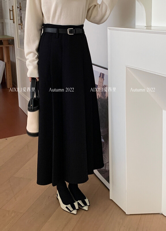 [AIXILI Aixili] Belted pleated design slimming skirt and skirt (with belt) all-match 7529
