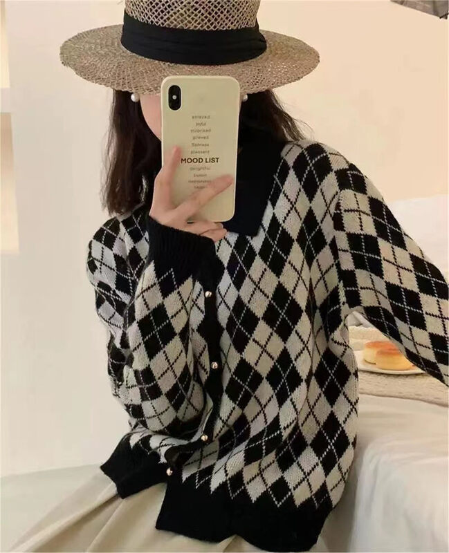 New in winter!【ARE YOU】Single-breasted plaid fashion Korean warm sweater 537# L