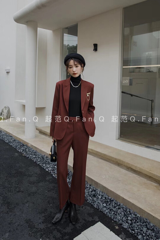 [Qi Fan] Temperament Versatile Korean Suit + High Waist Commuter Pants Suit (with Brooch) 80393# JHY