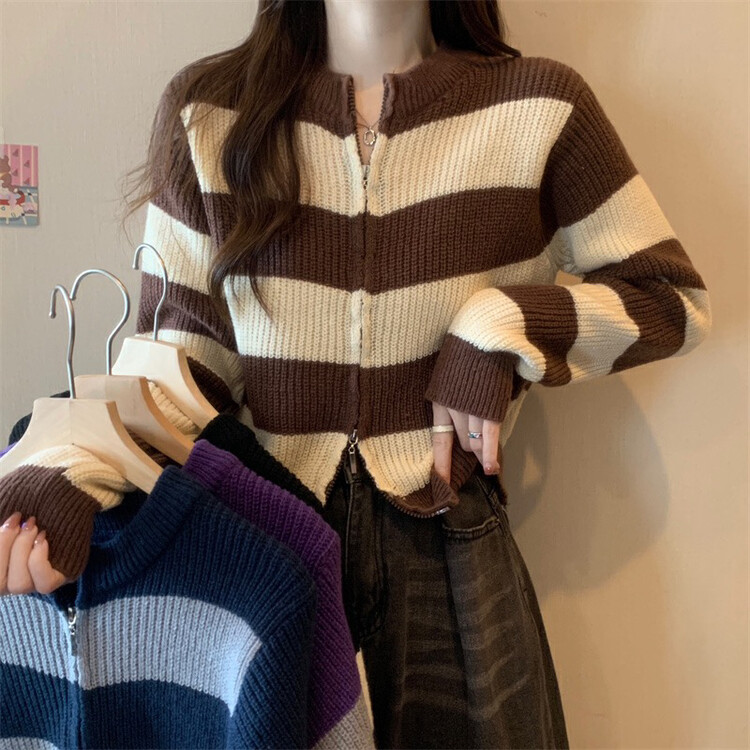 New in winter! [F·P] Double zipper stripe all-match thin and short warm sweater M0706# HBX