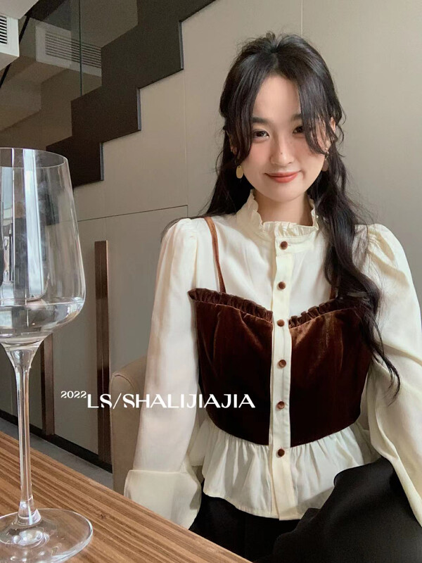 [LS] Korean version stand collar stitching fake two-piece shirt 2901