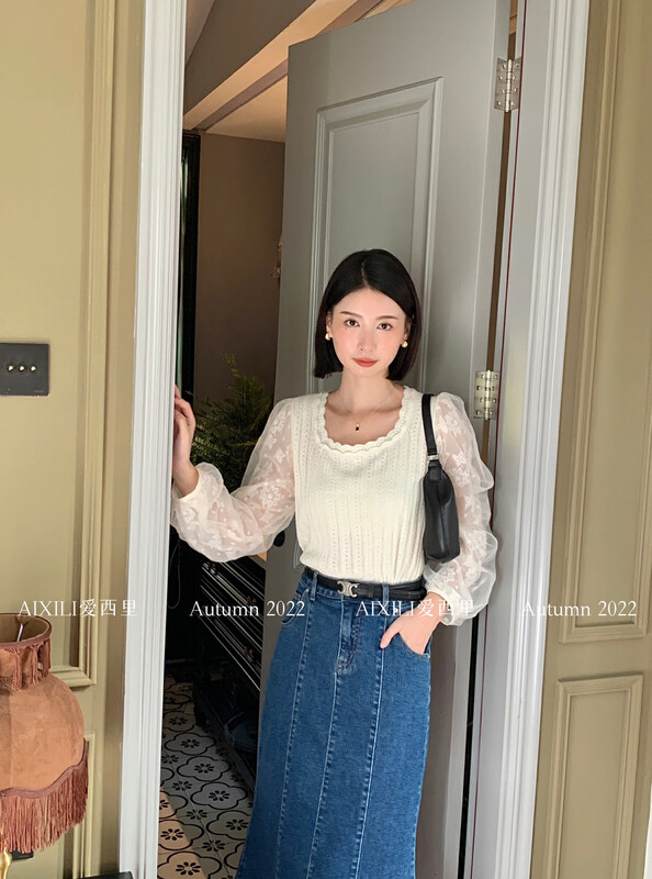 [AIXILI Aixili] Round neck design knitted and chiffon knitted sweater knitted top 7112