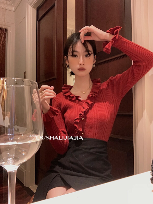 【LS】Temperament Ruffled Soft Waxy Knit Warm Sweater 6297# JHY