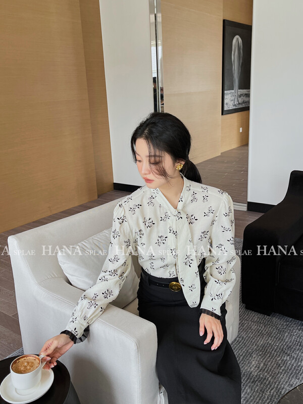 [HANNA Hanna] Elegant streamer shirt long-sleeved women's simple printed workplace top shirt H10656