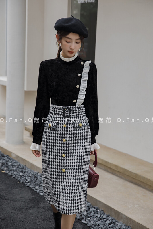 【Qi Fan】Fashion Retro Plaid Small Fragrance All-match Skirt (with Belt) 80373# JHY