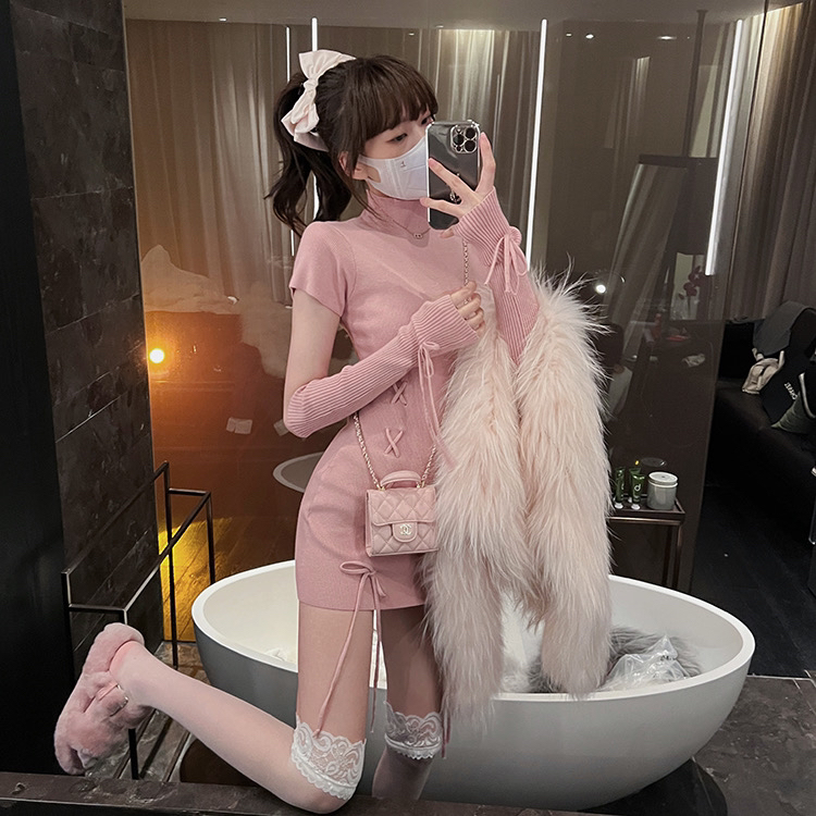 [Amanda] Solid color Korean version slim dress (with sleeves, rope) 5263# PCZ