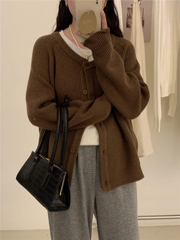 New in winter! [ARE YOU] Round neck single-breasted solid color comfortable warm sweater 398# L