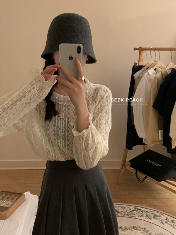 【SEEK PEACH】Ladies lace texture ruffled shirt 5839# L