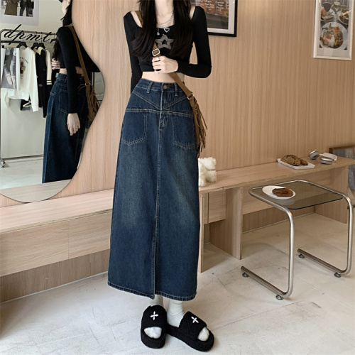 Real shot denim skirt women's autumn and winter  new design sense long skirt high waist thin slit a-line skirt