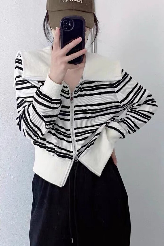 【F·P】Fashionable navy collar striped zipper knitted cardigan J152# HBX
