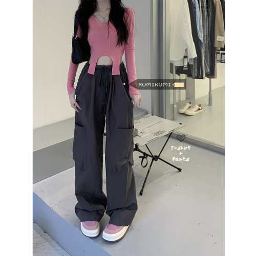 Sweet and cool style hot girl American overalls women's loose design sense niche casual wide-leg gray pants ins tide