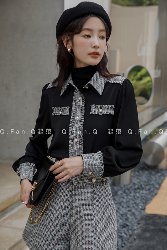 [Qi Fan] Thick satin feature stitching Xiaoxiang simple commuter all-match shirt 80369# JHY