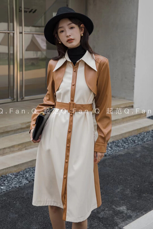 [Qi Fan] Design big-name contrasting PU leather windbreaker (with belt) 80258# JHY