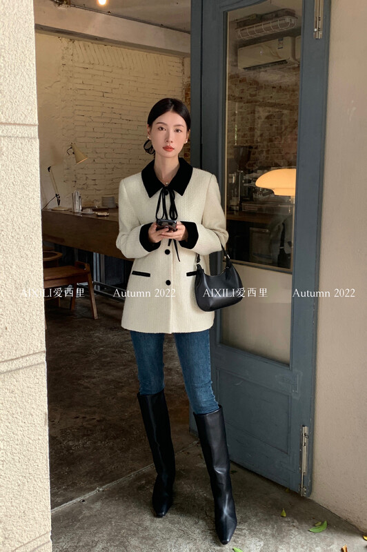 [AIXILI Aixili] Shirt collar design tie single-breasted long coat temperament 7533