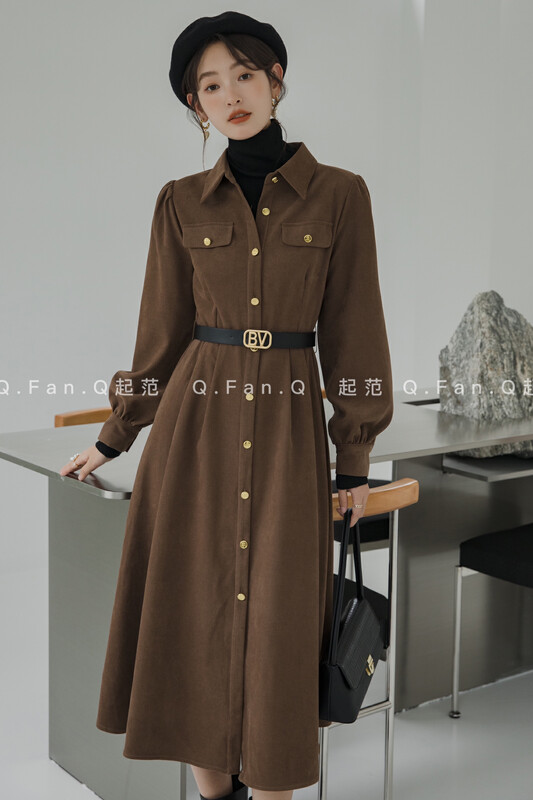 New in winter! [Fan] Corduroy fabric simple characteristic shirt collar dress (with belt) 80395# JHY