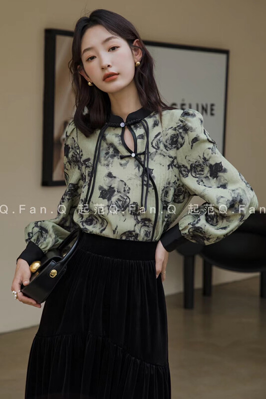 [Qi Fan] Twill Chiffon New Chinese Button Design Shirt 80389# JHY