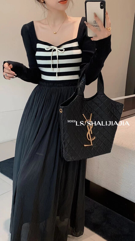 【LS】French elegant stitching striped dress 6287# JHY