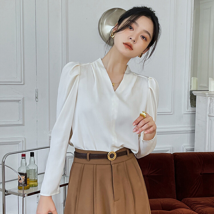Original price 77.83! [HANNA contains that] fashionable commuter puff sleeve chiffon shirt temperament V-neck pullover long-sleeved women's chiffon shirt 10230