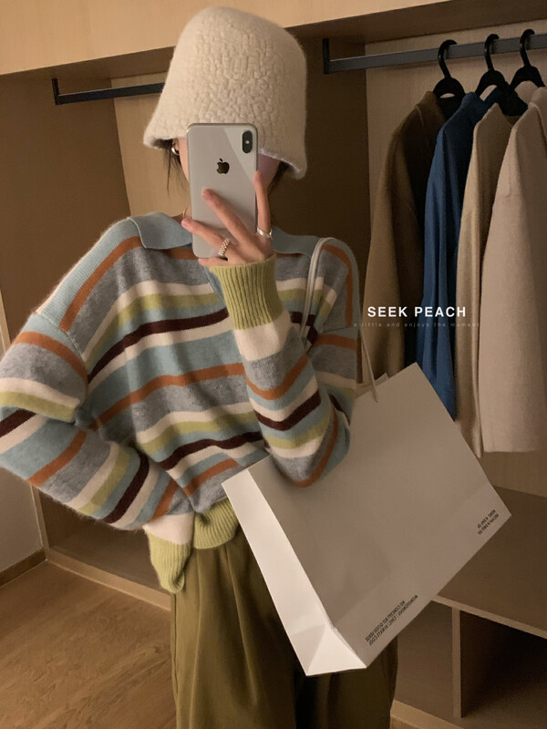 New in autumn! [SEEK PEACH] French raccoon velvet color striped polo collar warm sweater 1965# L