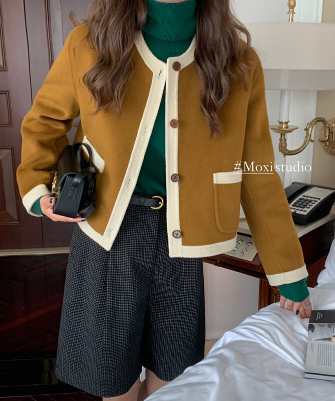 【MOXI】Color-blocking all-match Korean wool coat (including 100% wool) 58525# CQW
