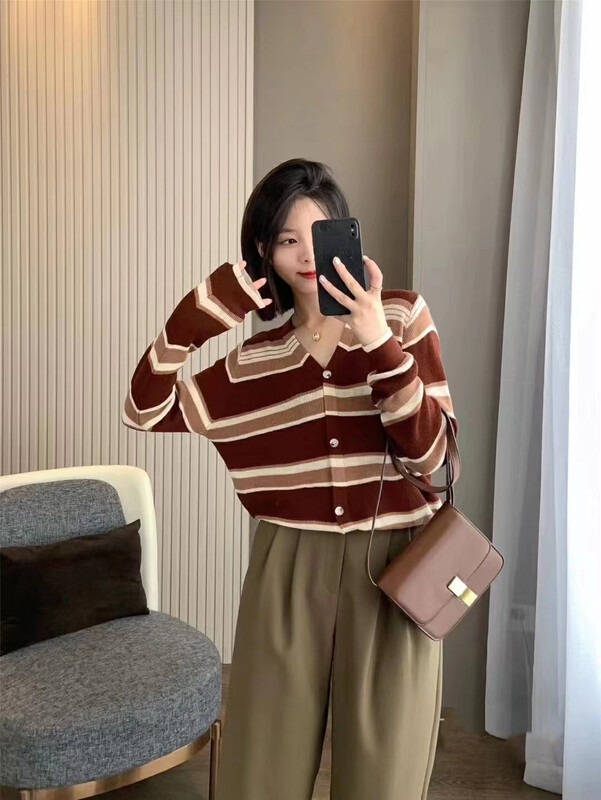 New for winter!  【F·P】V Neck Striped Loose Knit Cardigan 59602# HBX