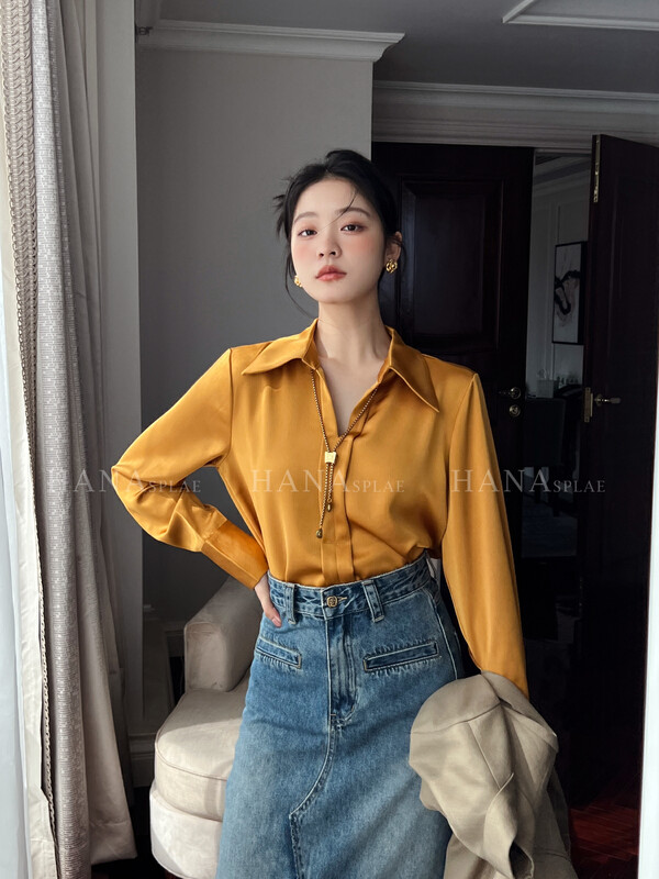 [HANNA Hanna] [Hanna] Elegant and intellectual shirt women's 22 autumn new commuter shirts (with decorative necklaces) H10556# JHY