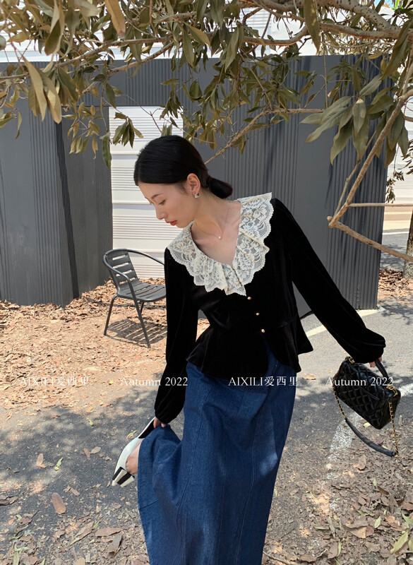 [AIXILI Aixili] velvet and lace show thin small shirt and small shirt temperament 7185