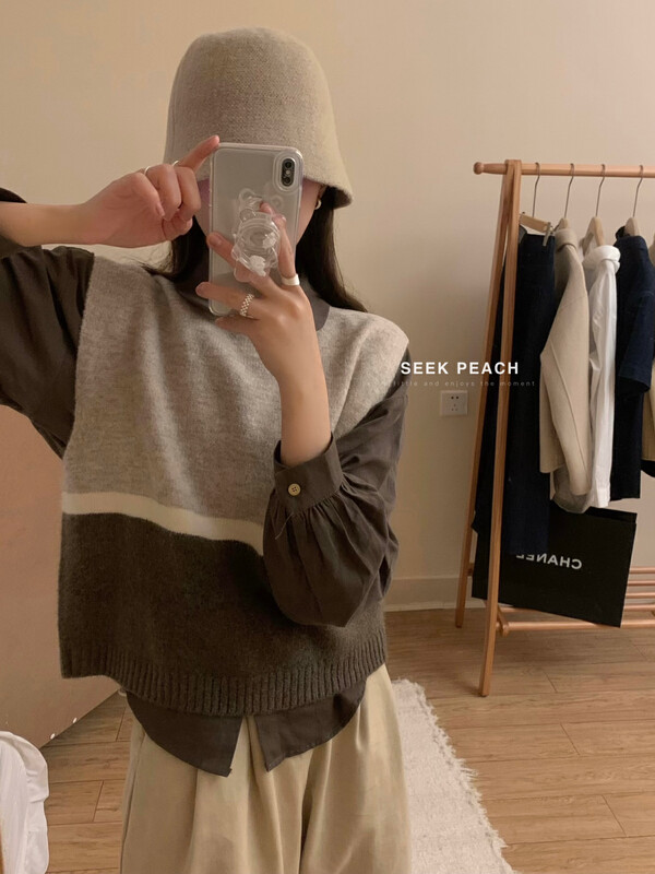 New in autumn! [SEEK PEACH] Korean retro round neck contrast color vest 11868# L