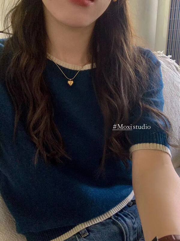 Original price 77.83! [MOXI] Simple contrasting color round neck short-sleeved sweater 58675a# CQW