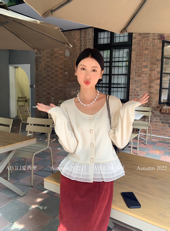 [AIXILI Aixili] Solid color all-match thin knitted cardigan knitted sweater square collar 7016