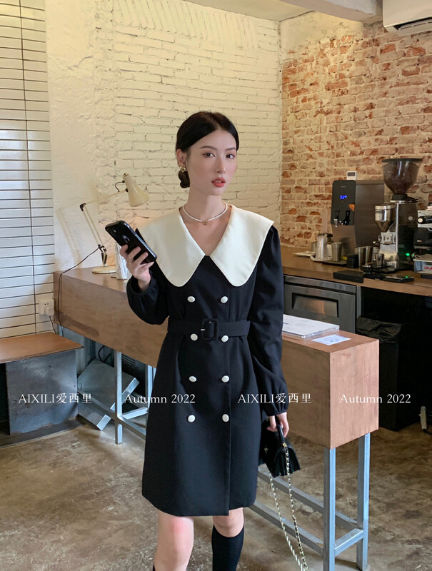 【AIXILI】Double-breasted temperament belted dress (with belt) slimming 7385